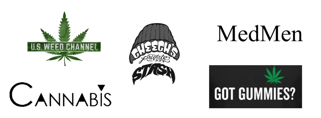 various logos representing trademarked cannabis businesses. From left to right the logos read ‘U.S Weed Channel, Cannabis, Cheech’s Private Stash, MedMen, and Got Gummies.s